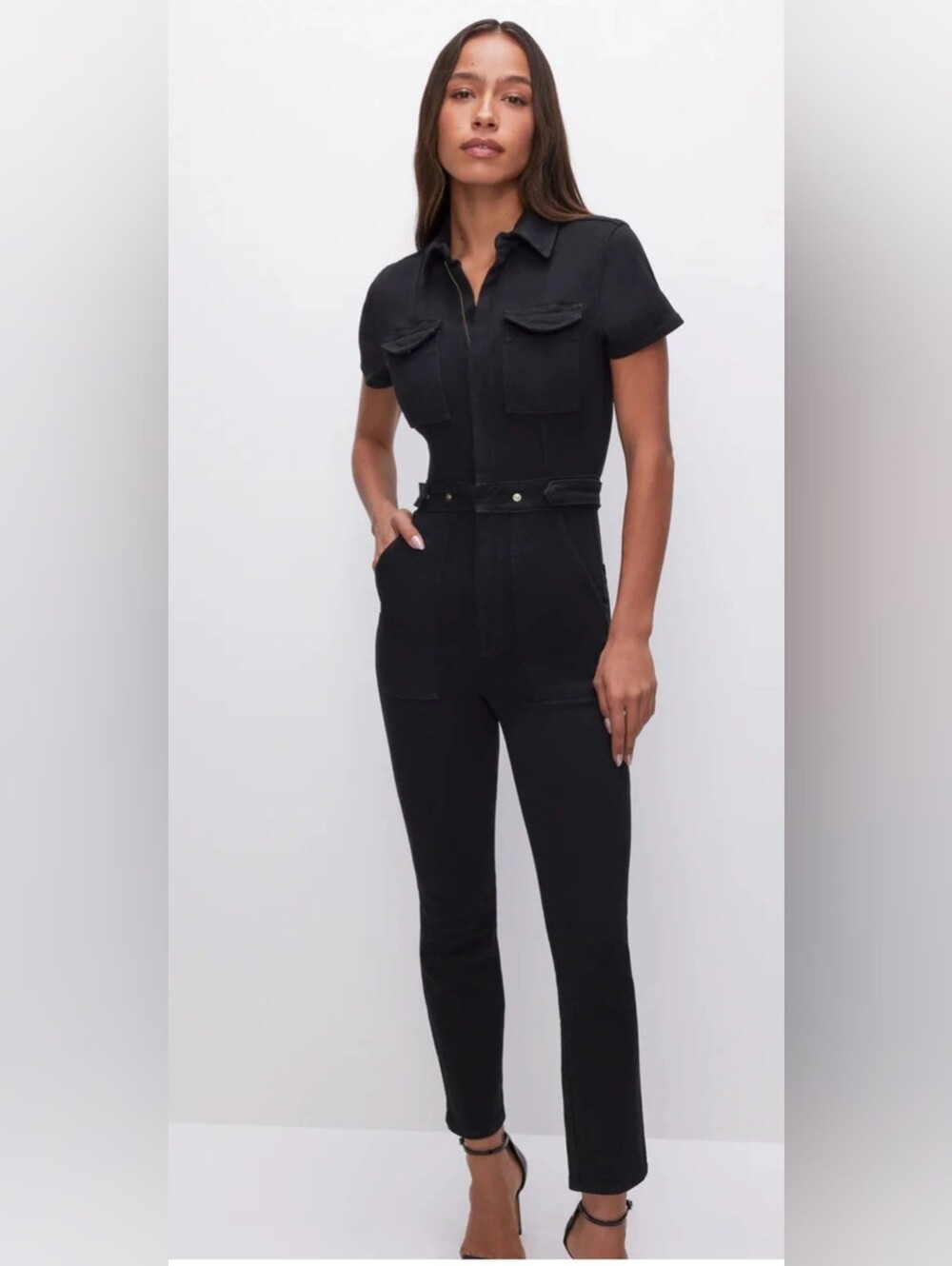 Utility Black Short-Sleeve Jumpsuit
